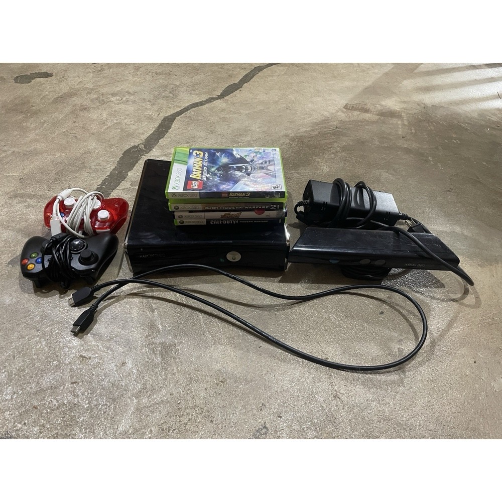 Xbox 360 Slim Black Console + Kinect Sensor + 2 Controllers + 5 Games –
